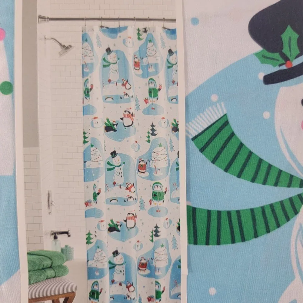 Snowman Blue Printed Christmas Fabric Shower Curtain - Size 72”x72”